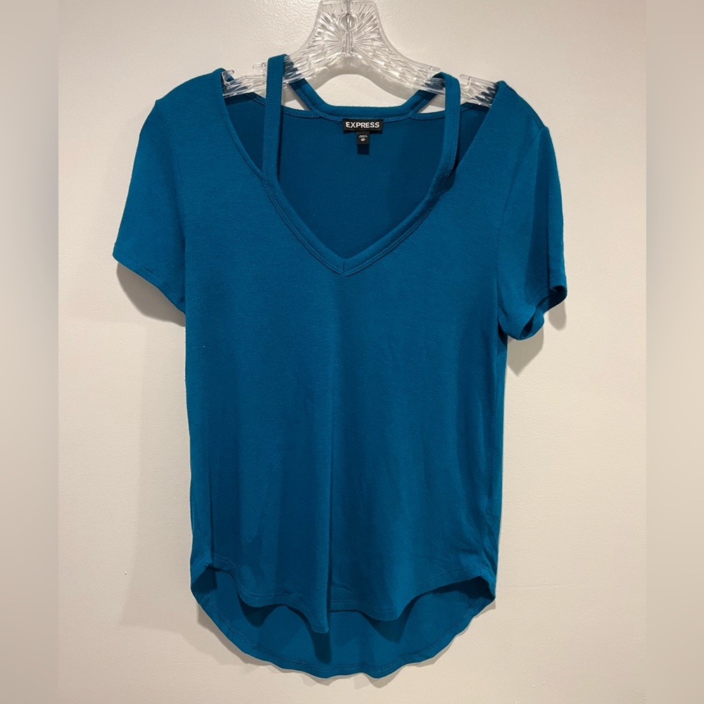 EXPRESS Cut-Out V-neck TShirt, blue, XS